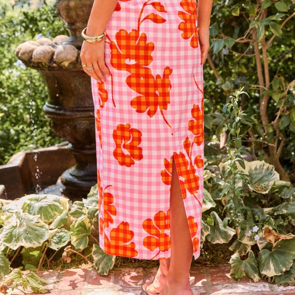 Vici Pink Gingham Midi Skirt with Orange Floral Print - Picture 2 of 2